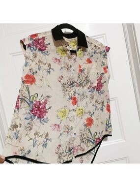 3/ $20 Ochirly Floral Print Contrast Collar Blouse Sheer Back S